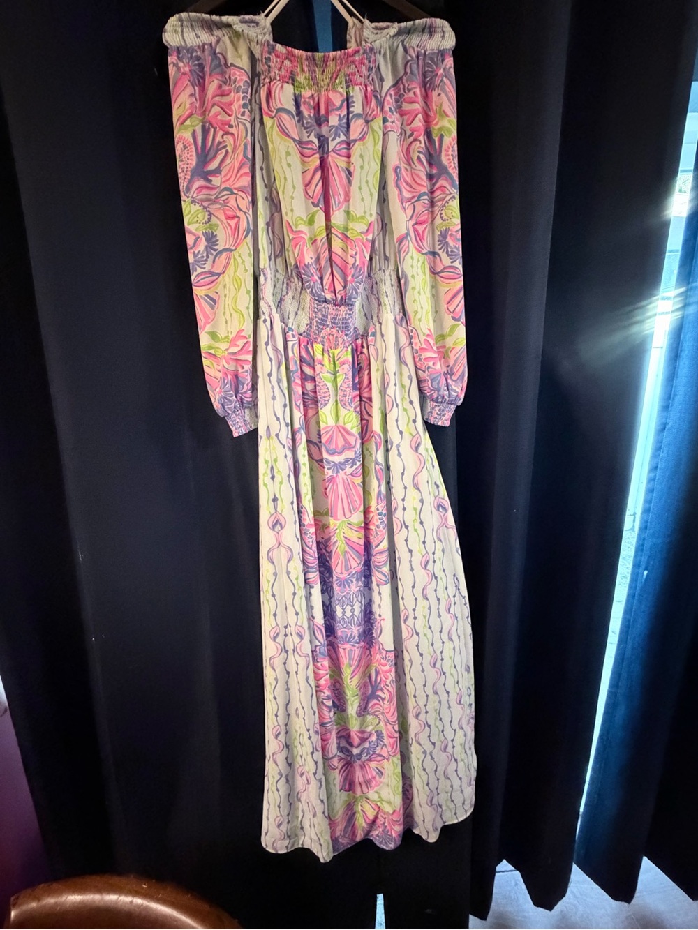 Lilly Pulitzer  Bohemian Off-Shoulder Floral Maxi Dress in Pink and Green